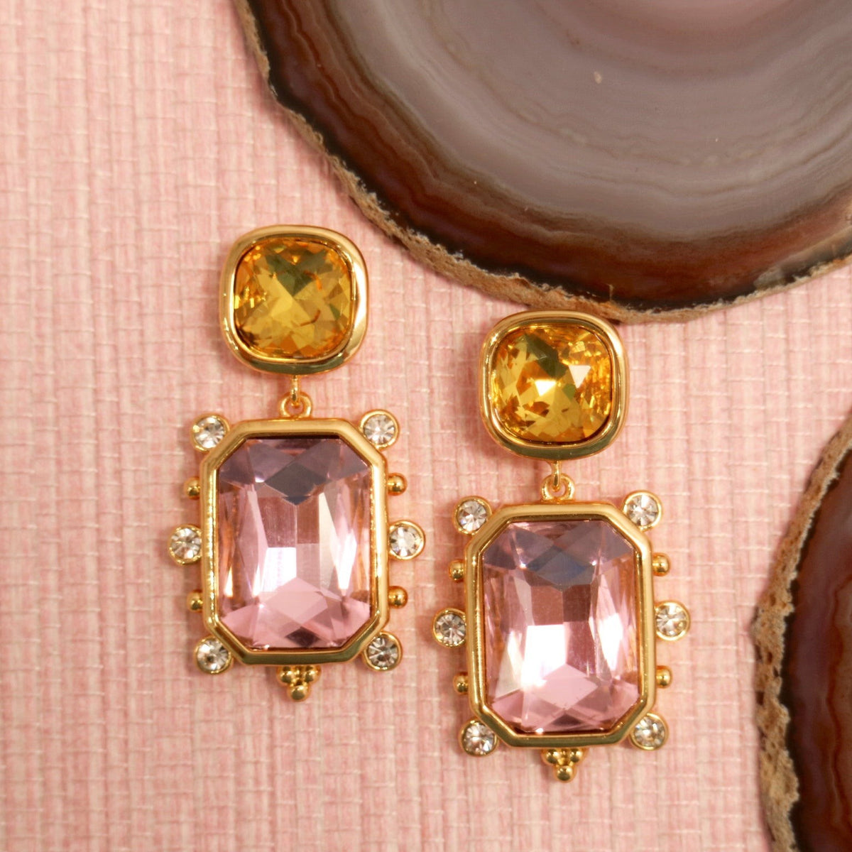 Fantasia drop earrings with yellow and pink faceted glass stones