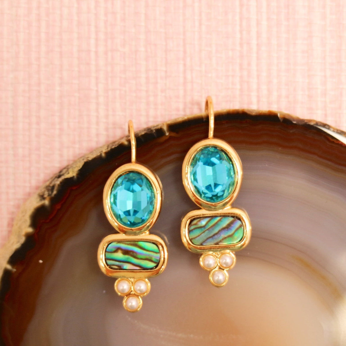 Ella earrings with aquamarine colored stones and abalone details
