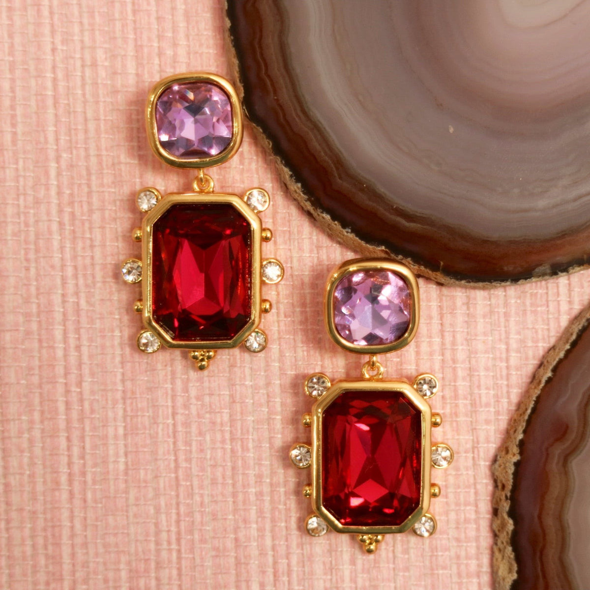 Fantasia drop earrings with lavender and red faceted glass stones