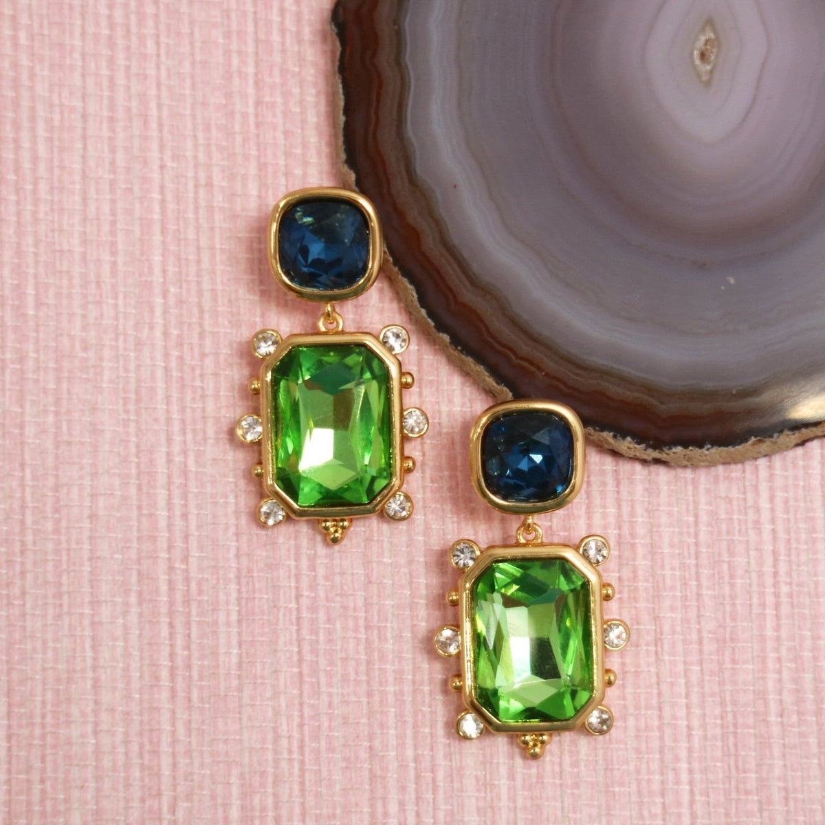 Fantasia drop earrings with blue and green faceted glass stones