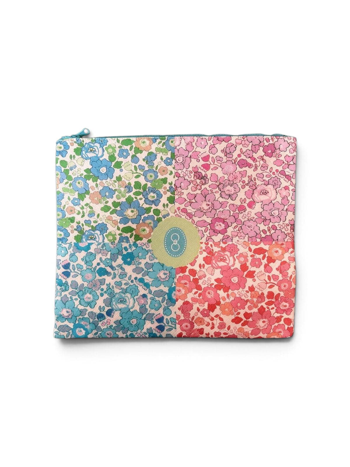 Liberty Stash Bag with multicolor floral panels and a round logo