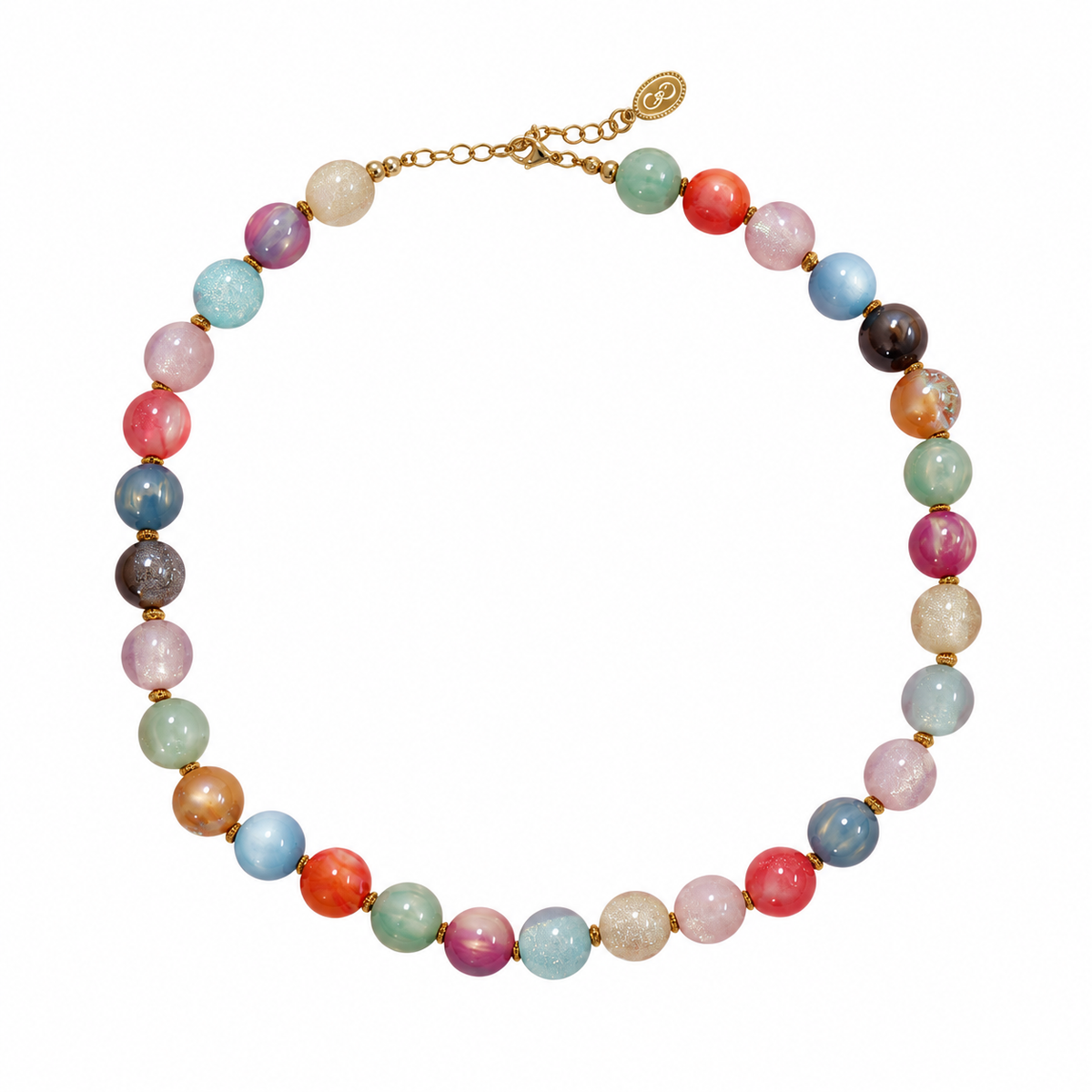 Prisma necklace with round multicolor beads and a gold clasp