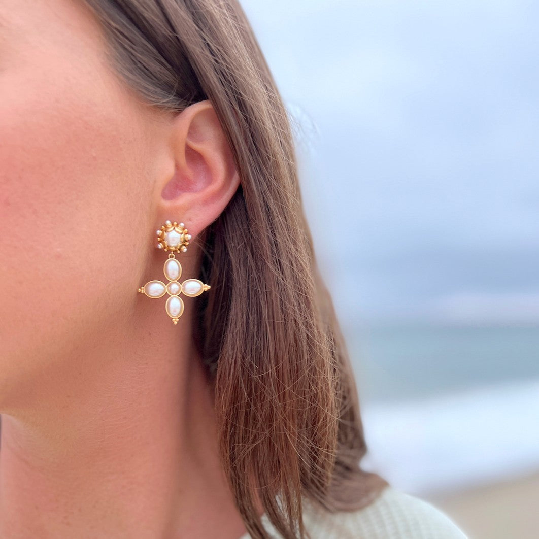 Woman wearing Constance Earrings by Gresham Jewelry