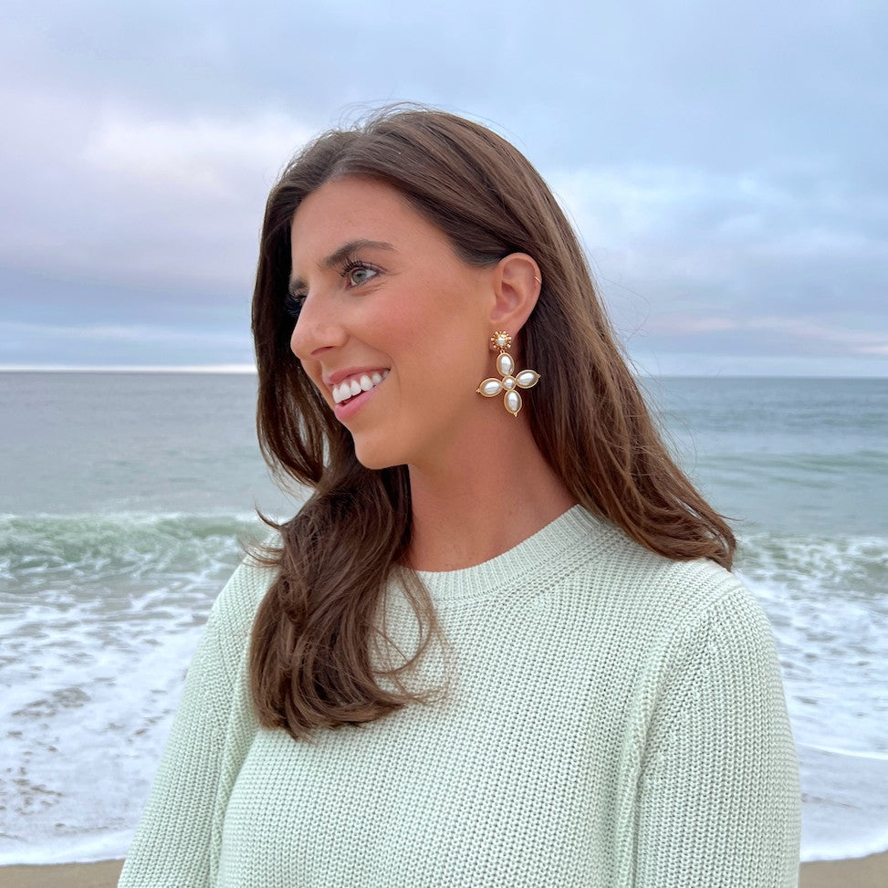Woman wearing Grande Constance Earrings by Gresham Jewelry