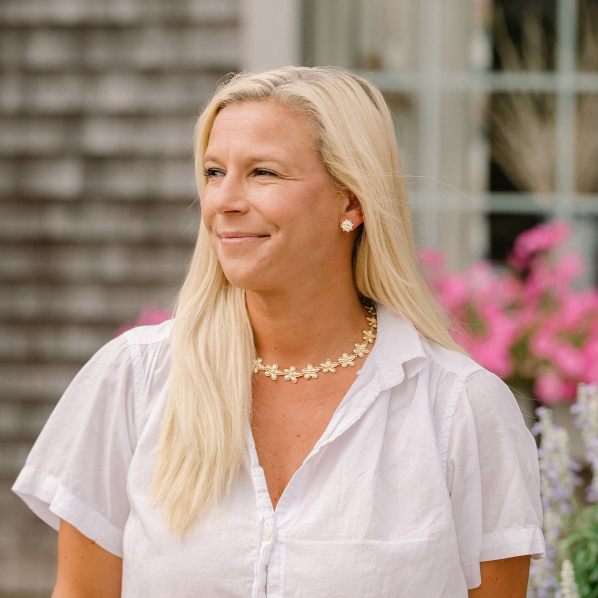Woman wearing Flora Necklace - Pearl by Gresham Jewelry