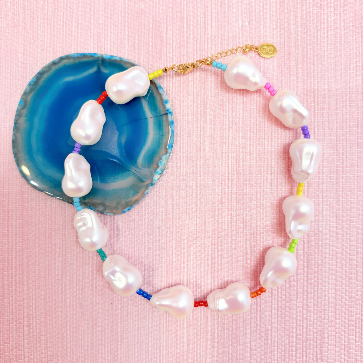 Rocco Rainbow necklace with white baroque shaped pearls and colorful beads