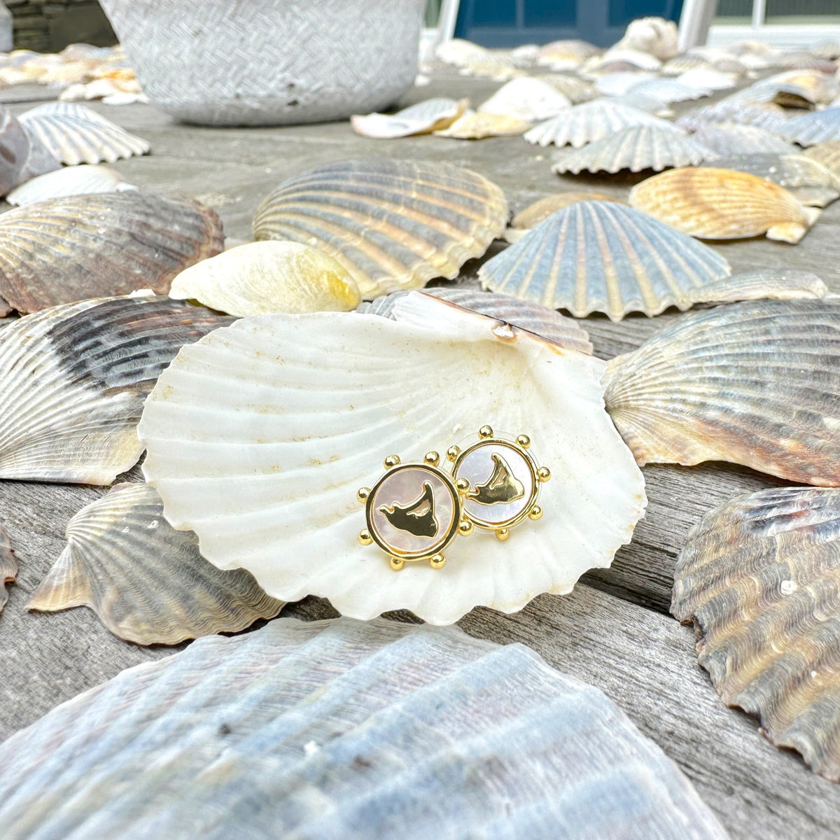 Nantucket silhouette stud earrings arranged on seashells