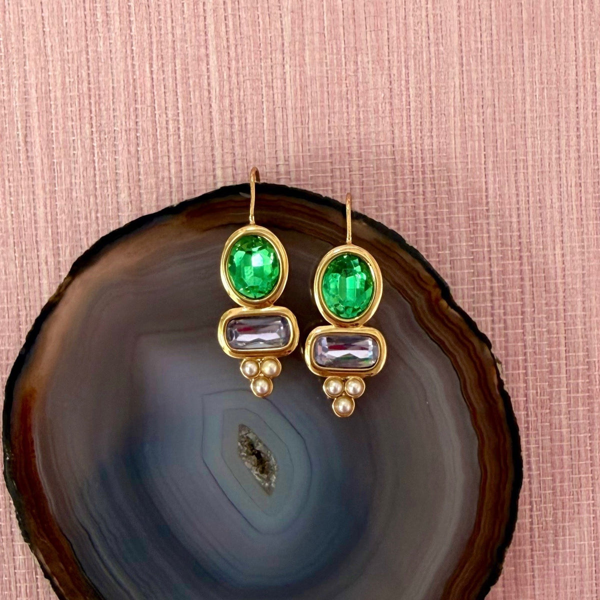 Ella earrings with green and purple colored stones and gold details