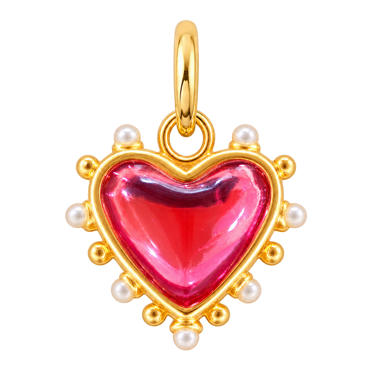 Pink Amore heart charm with gold necklace bail