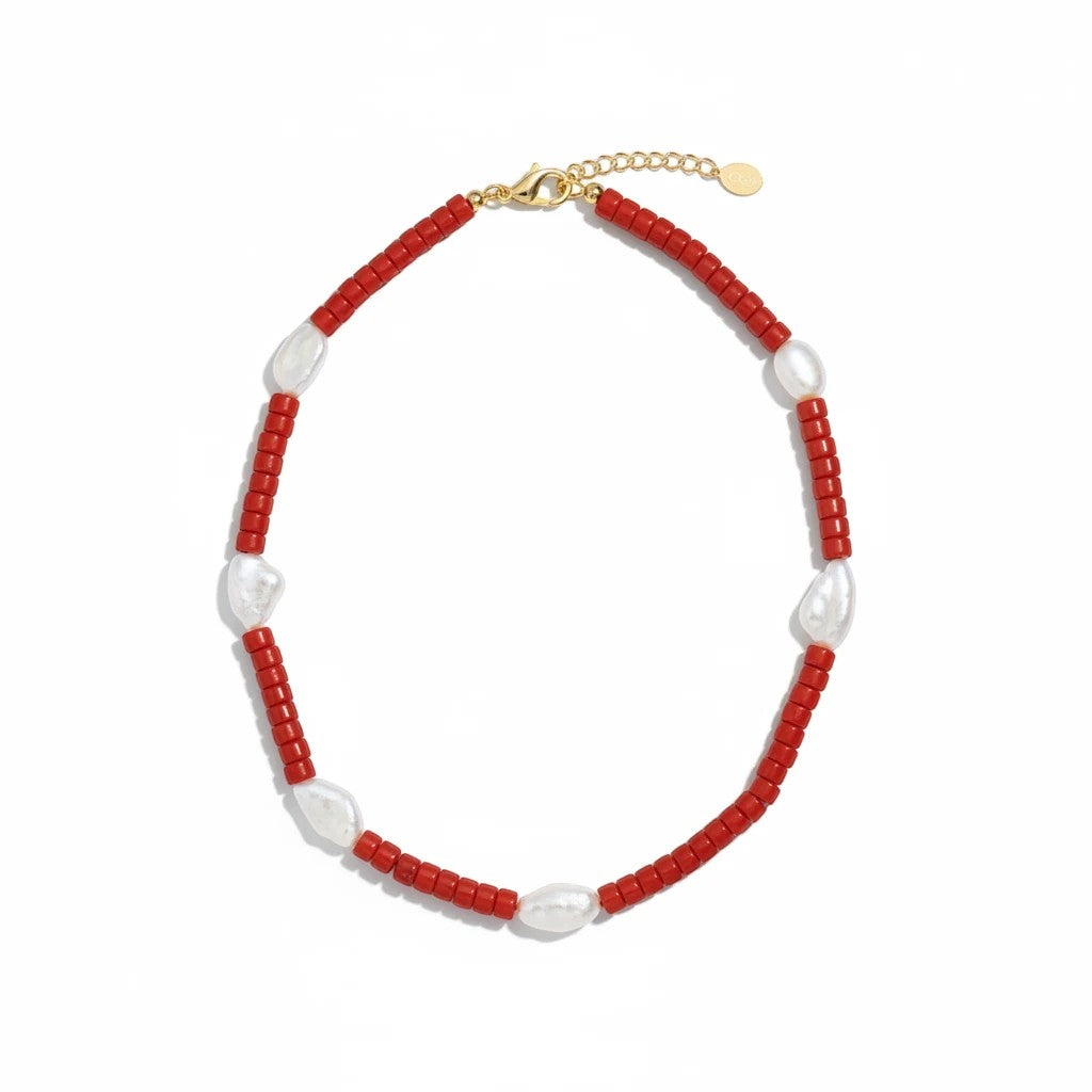 Red Perugia necklace with white pearl accents