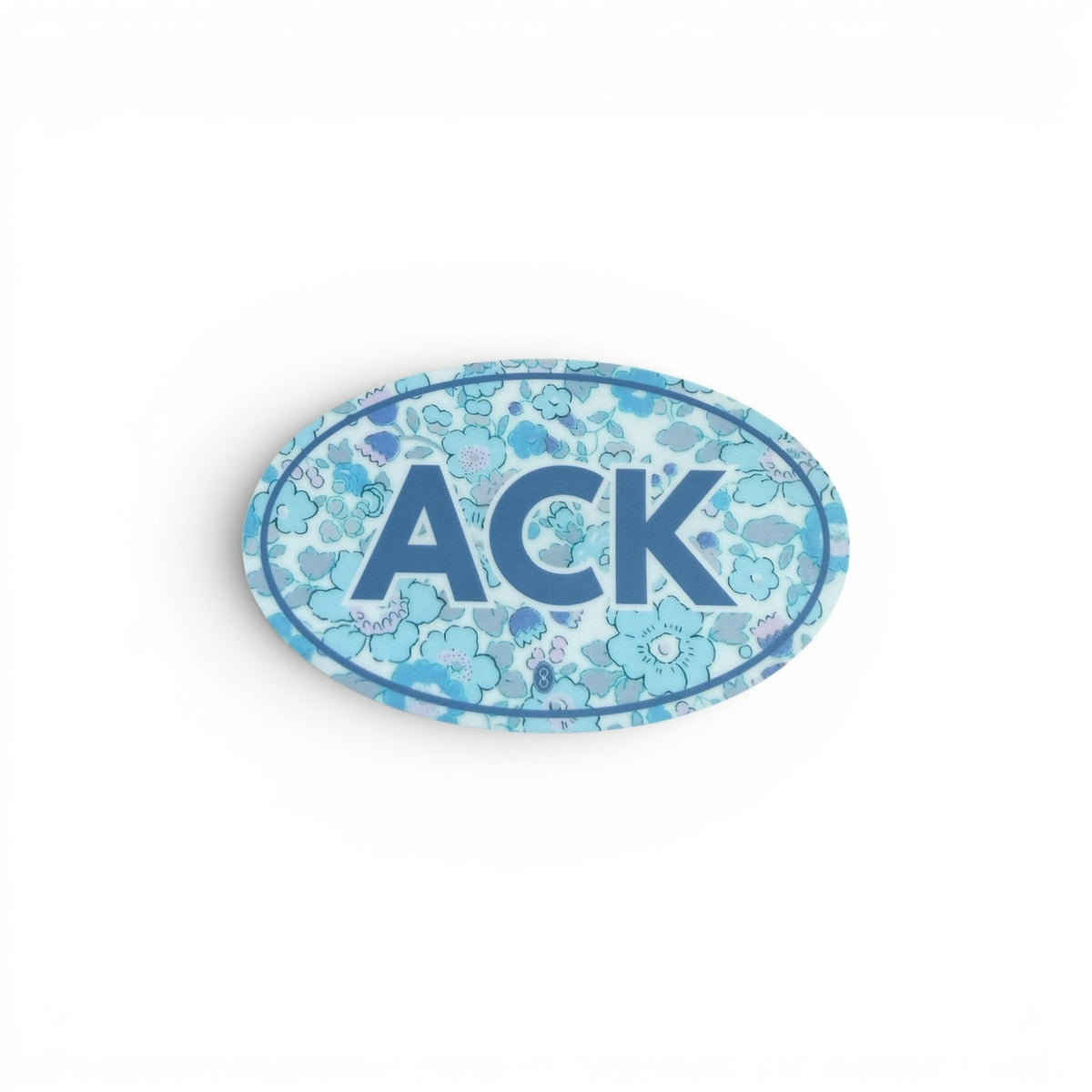 Gresham oval ACK sticker featuring a blue floral pattern and bold lettering for Nantucket island pride.