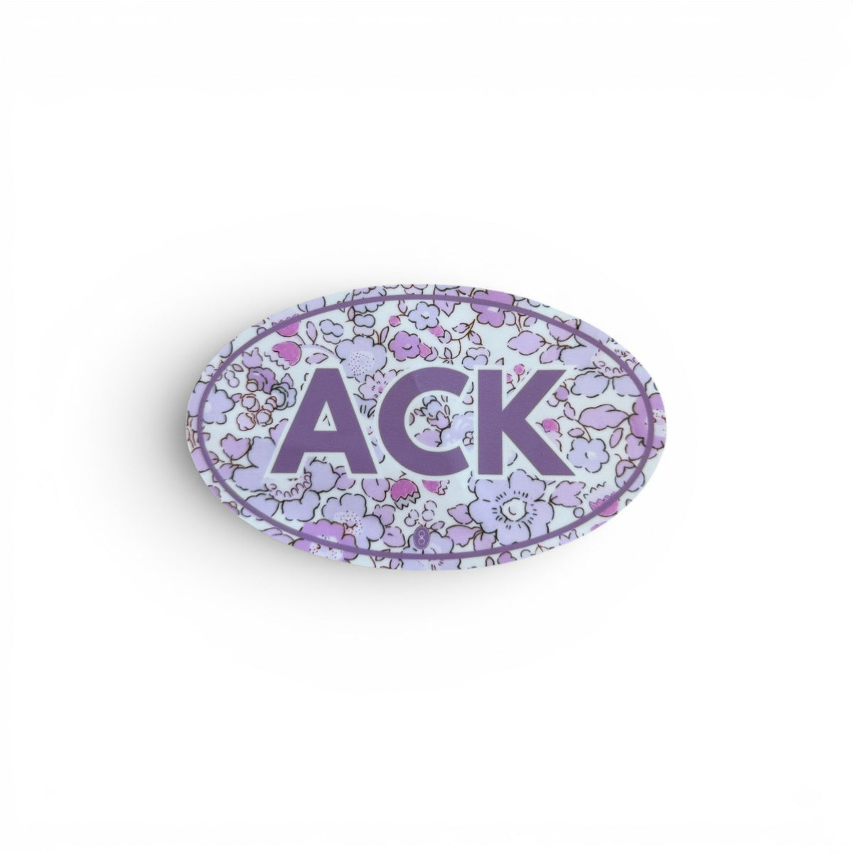 Gresham oval ACK sticker featuring a purple floral pattern on a white background, perfect for laptops or water bottles.