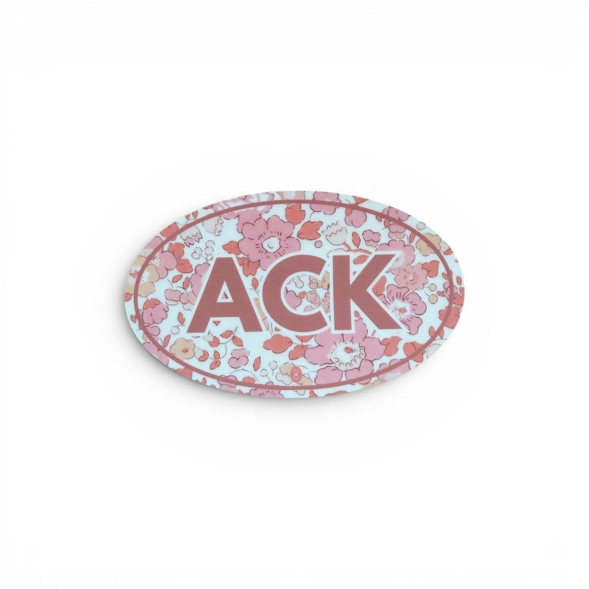 Gresham oval ACK sticker featuring a pink floral pattern and bold lettering, perfect for laptops or water bottles.
