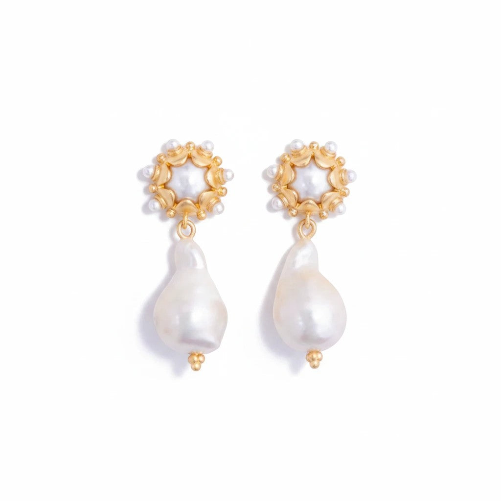 Gresham Clio small earrings featuring authentic freshwater baroque pearls with gold-tone floral settings.