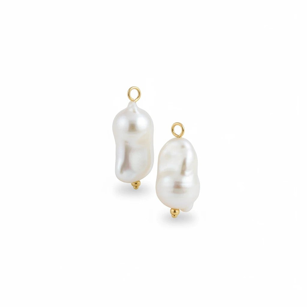 Gresham Clio Charm Pair featuring lustrous white baroque pearls with gold accents for hoop earrings.