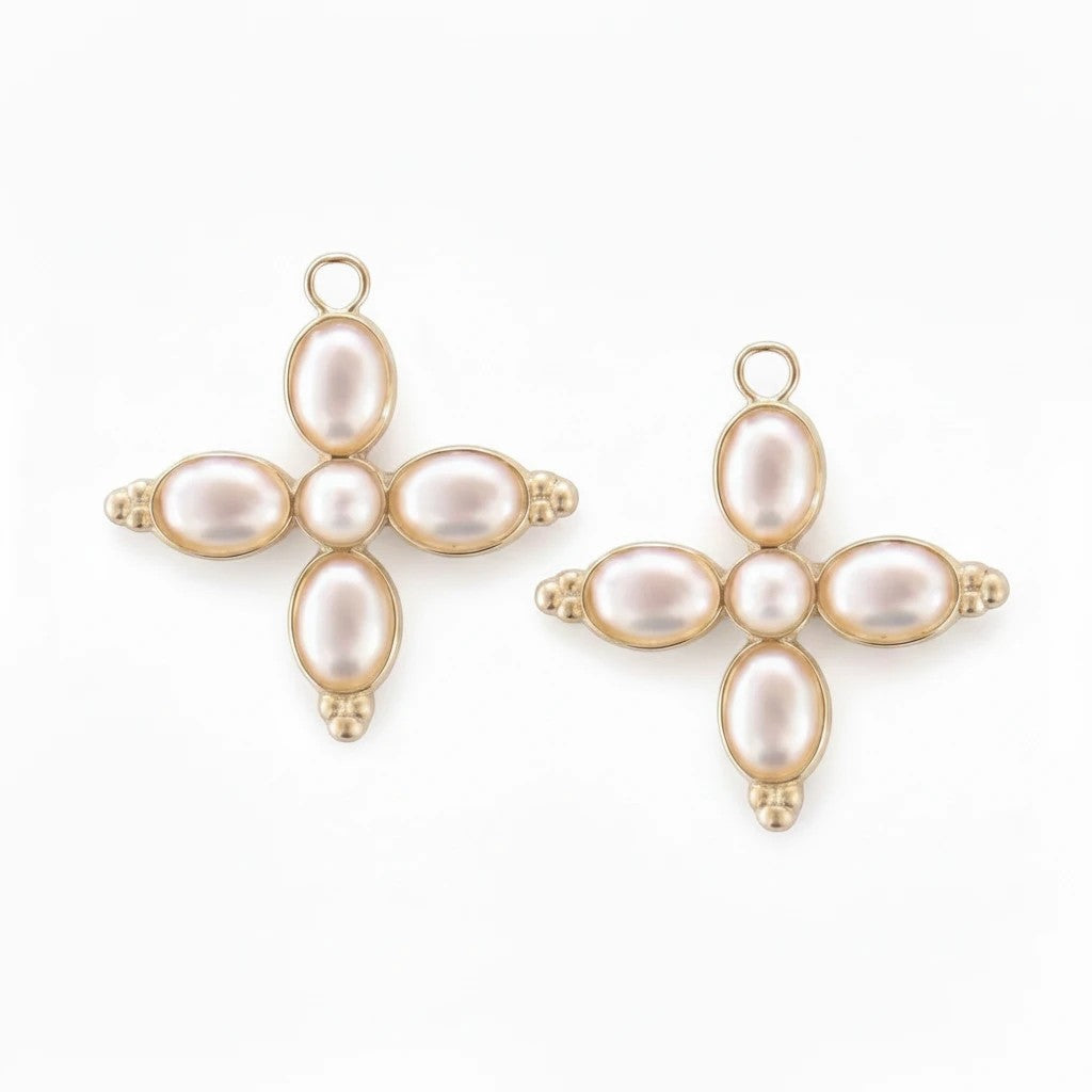 Gresham Constance Charm Pair featuring cross-shaped gold charms with lustrous oval pearls for hoop earrings.
