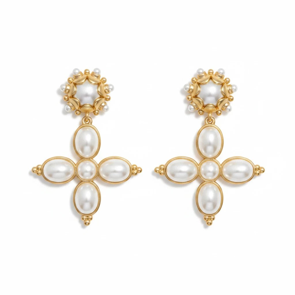 Gresham Constance earrings featuring 18k gold plated cross designs with white pearls in a Renaissance-inspired style.