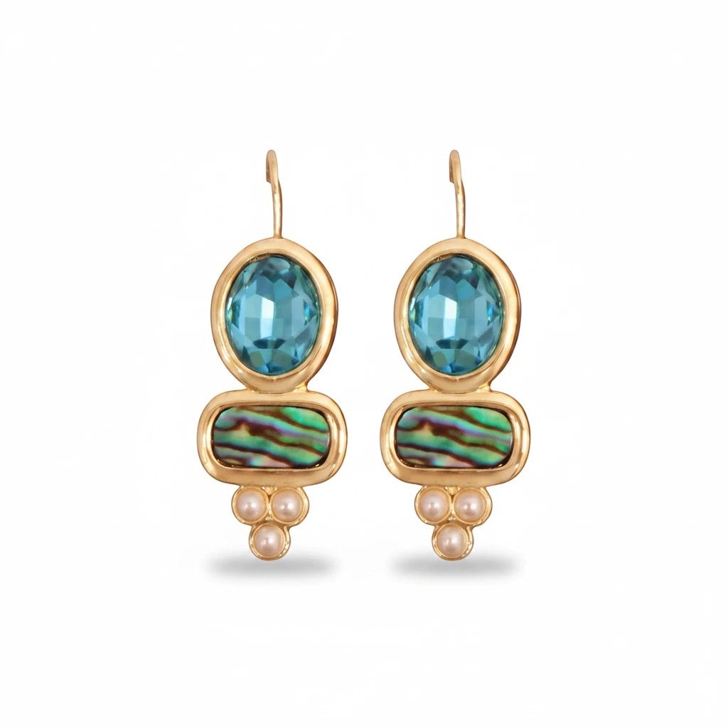 Gresham Ella hook earrings featuring aquamarine, abalone, and small pearls in a lightweight gold-tone setting.