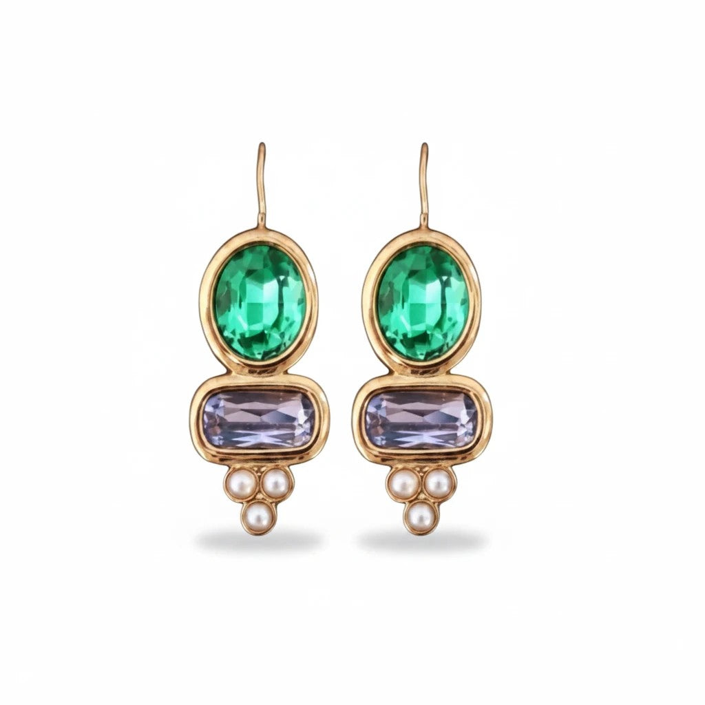 Gresham Ella hook earrings featuring erinite green and amethyst purple stones with small pearl accents in gold tone.