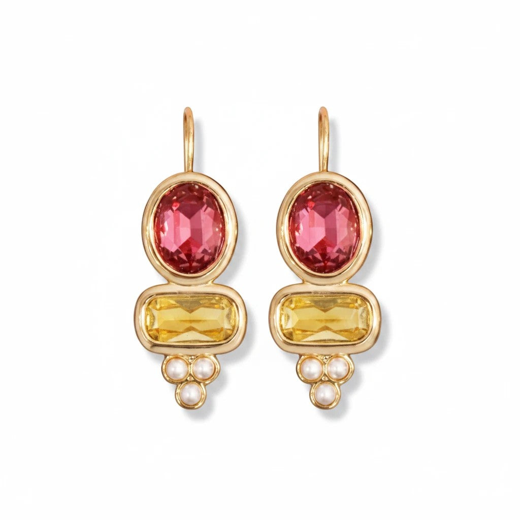 Gresham Ella hook earrings featuring oval ruby and rectangular citrine stones with small pearl accents in gold.