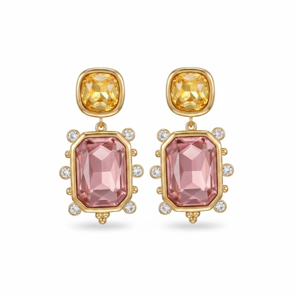 Gresham Fantasia drop earrings featuring citrine and rose quartz faceted glass stones set in 18k gold plate.