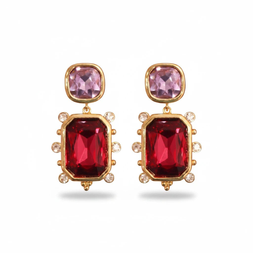 Gresham Fantasia drop earrings featuring lavender and garnet faceted glass stones set in 18k gold plate.