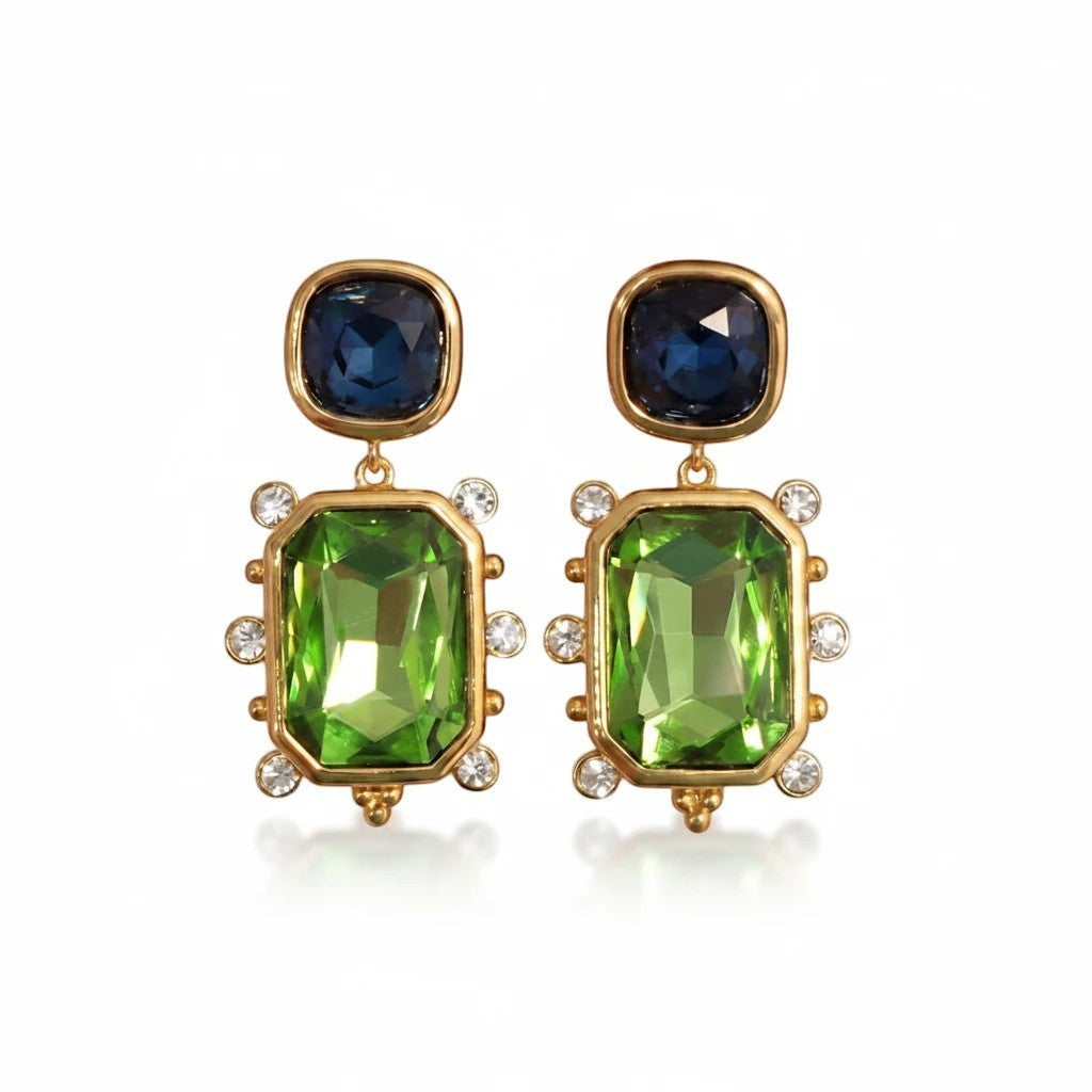 Gresham Fantasia drop earrings with sapphire and emerald faceted glass stones set in 18k gold plate.