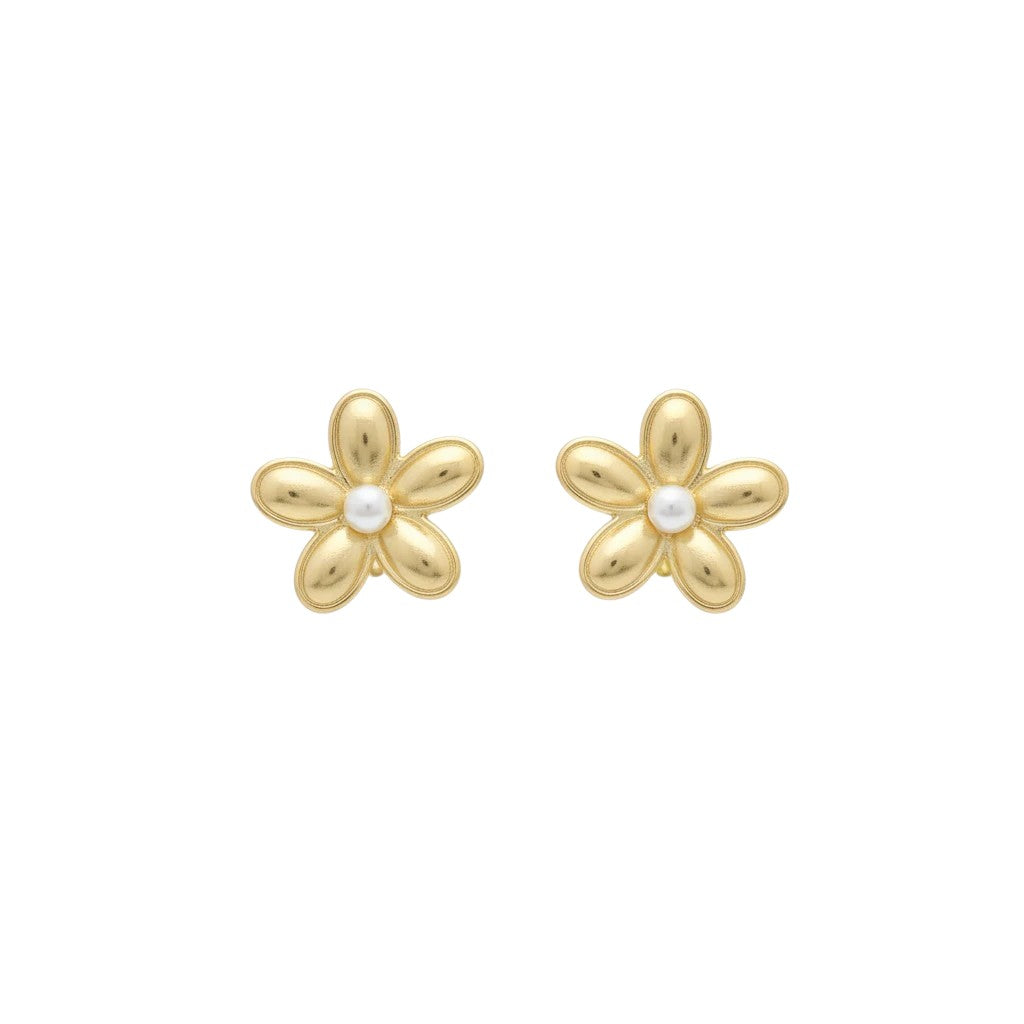 Gresham Flora Studs featuring gold flower-shaped earrings with a central white pearl, 12mm size.