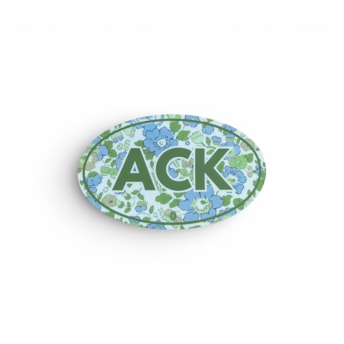 Gresham oval ACK sticker featuring a blue and green floral pattern with bold green lettering for Nantucket island pride.