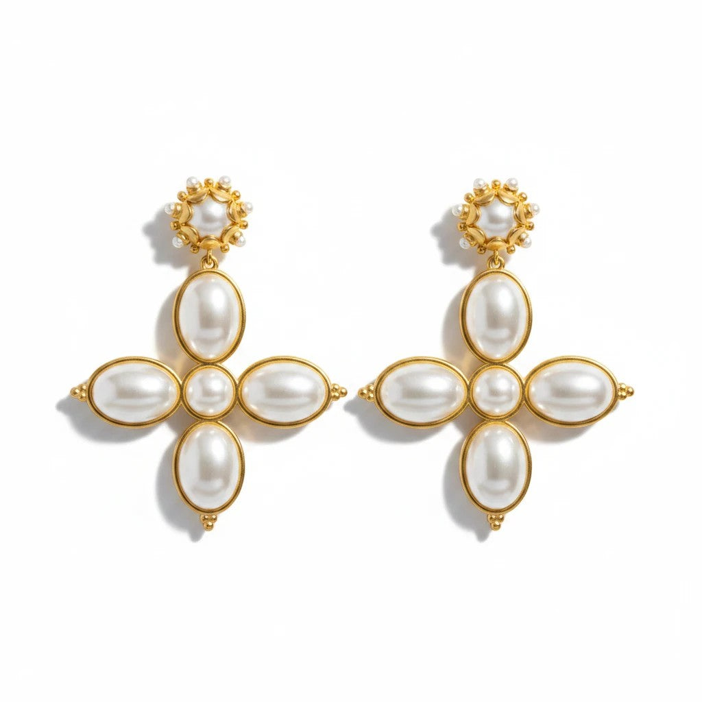 Gresham Grande Constance 18k gold-plated earrings featuring a cross design with white pearls and open-back bezels.