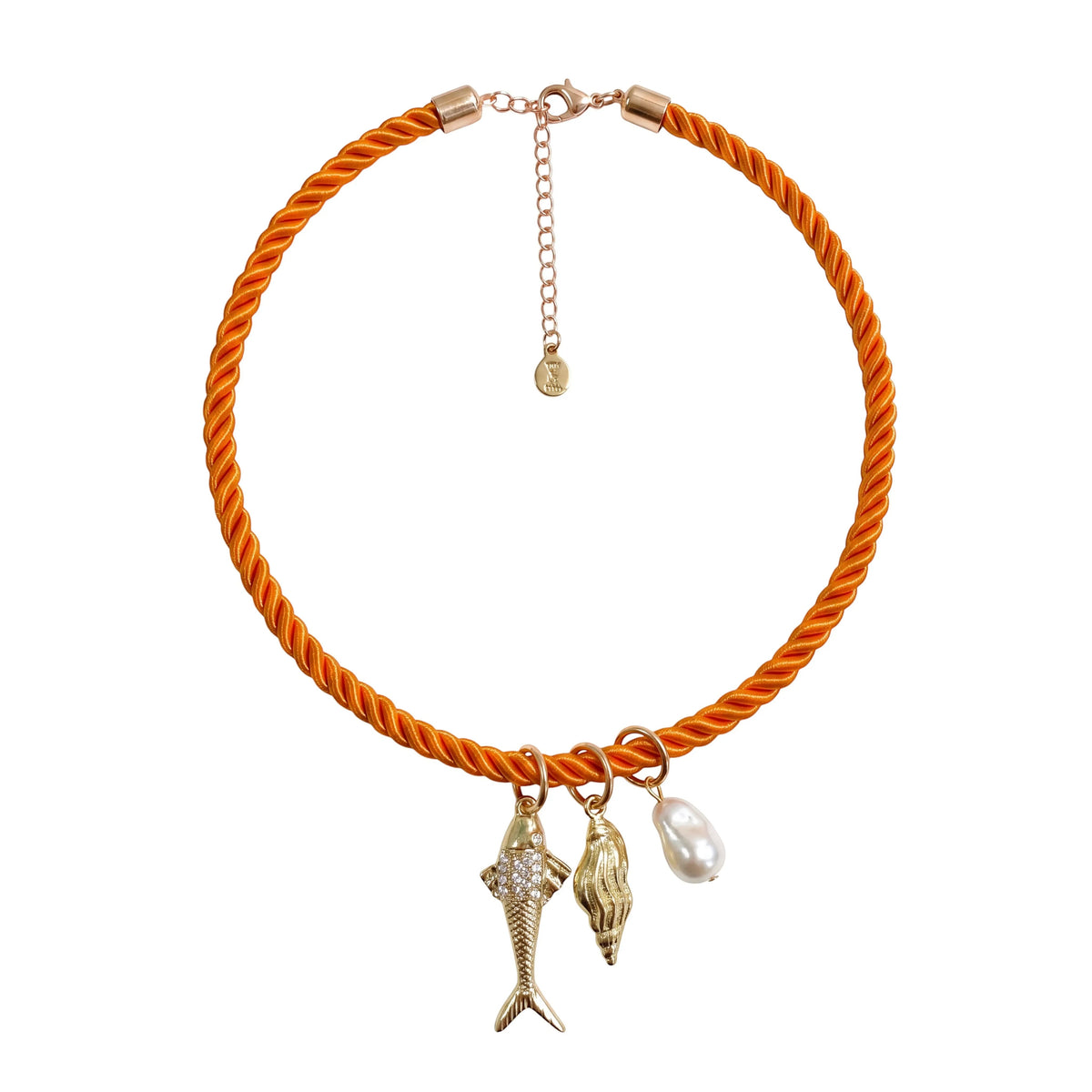 Gresham Jingle necklace featuring an orange twisted silk rope with gold-plated fish, shell, and pearl charms.