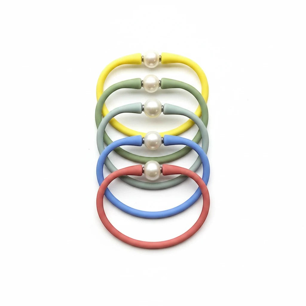 Gresham Maui ACK Stack set of five colorful waterproof silicone bracelets with natural freshwater pearl accents.