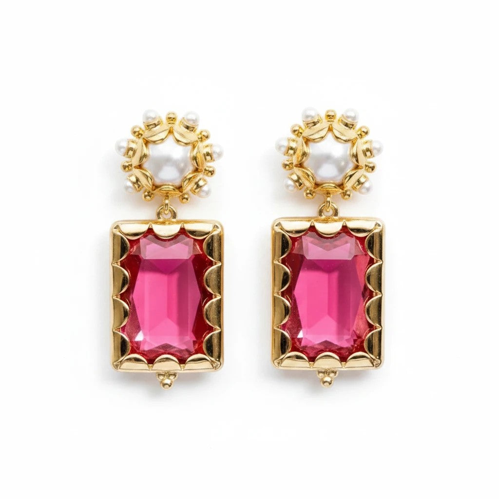 Gresham Mini Gemma Azalea earrings featuring rectangular pink crystals, gold settings, and pearl accents.