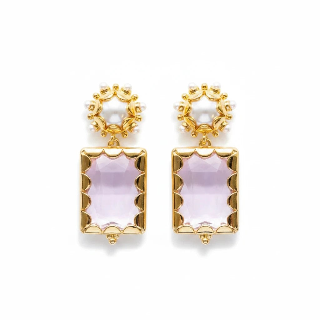Gresham Mini Gemma earrings in blush pink with gold scalloped settings and pearl accents on a white background.