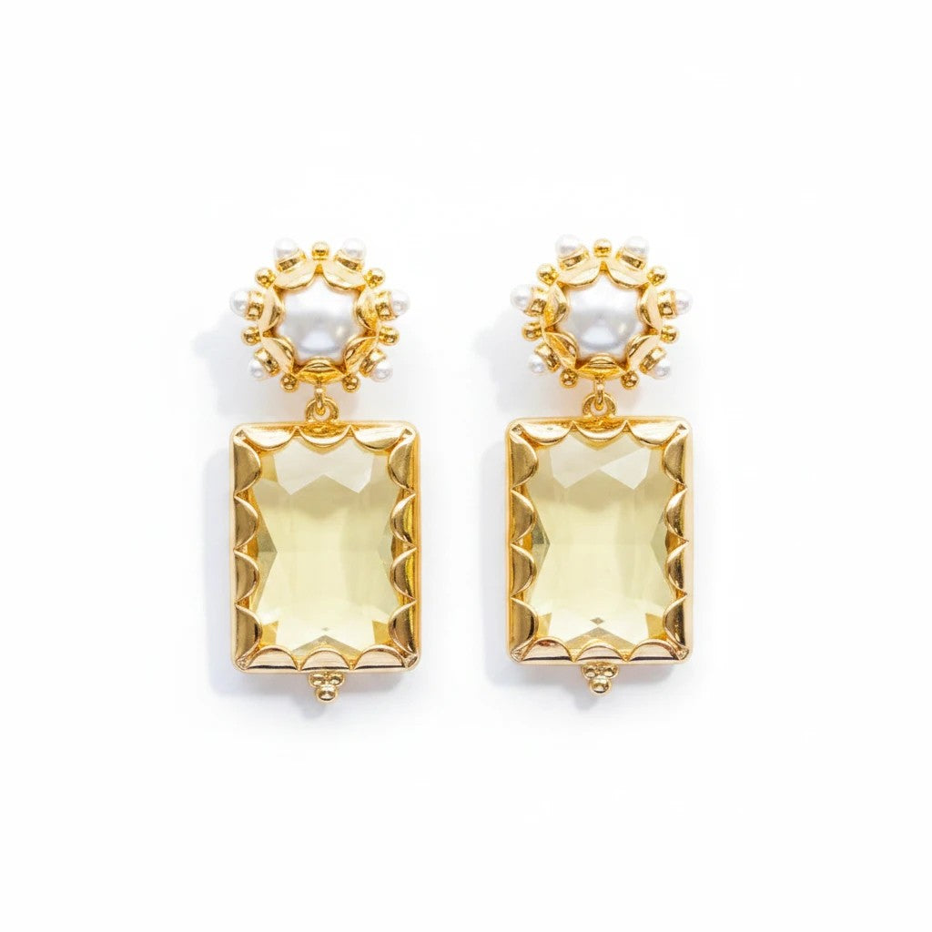 Gresham Mini Gemma honey yellow rectangular crystal drop earrings with pearl accents and gold-tone setting.