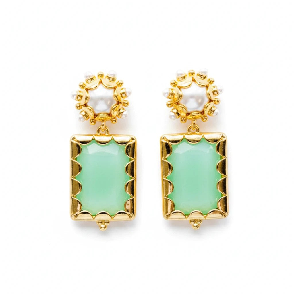 Gresham Mini Gemma earrings featuring rectangular jade stones in gold settings with pearl accents.