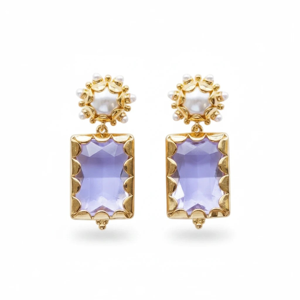 Gresham Mini Gemma earrings featuring rectangular lilac gemstones in gold settings with pearl accents.