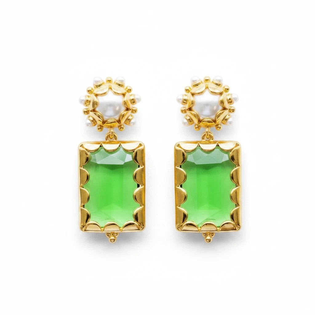 Gresham Mini Gemma Palm earrings featuring rectangular green gemstones, gold settings, and pearl accents.