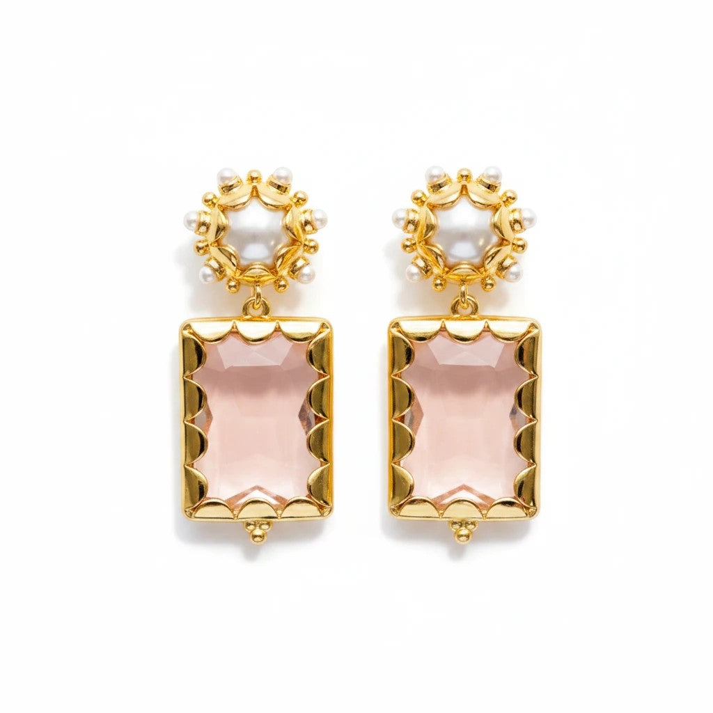 Gresham Mini Gemma peach earrings featuring rectangular pink stones in gold settings with pearl accents.