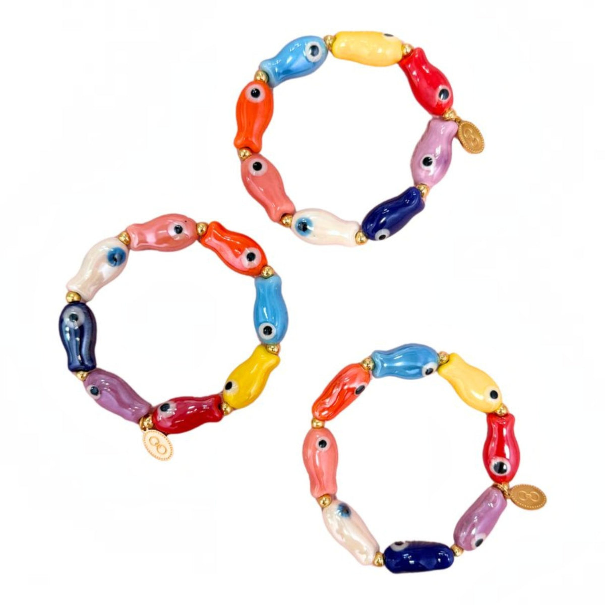 Gresham multi-colored glass evil eye fish bead stretch bracelets with gold-toned spacers and signature charm