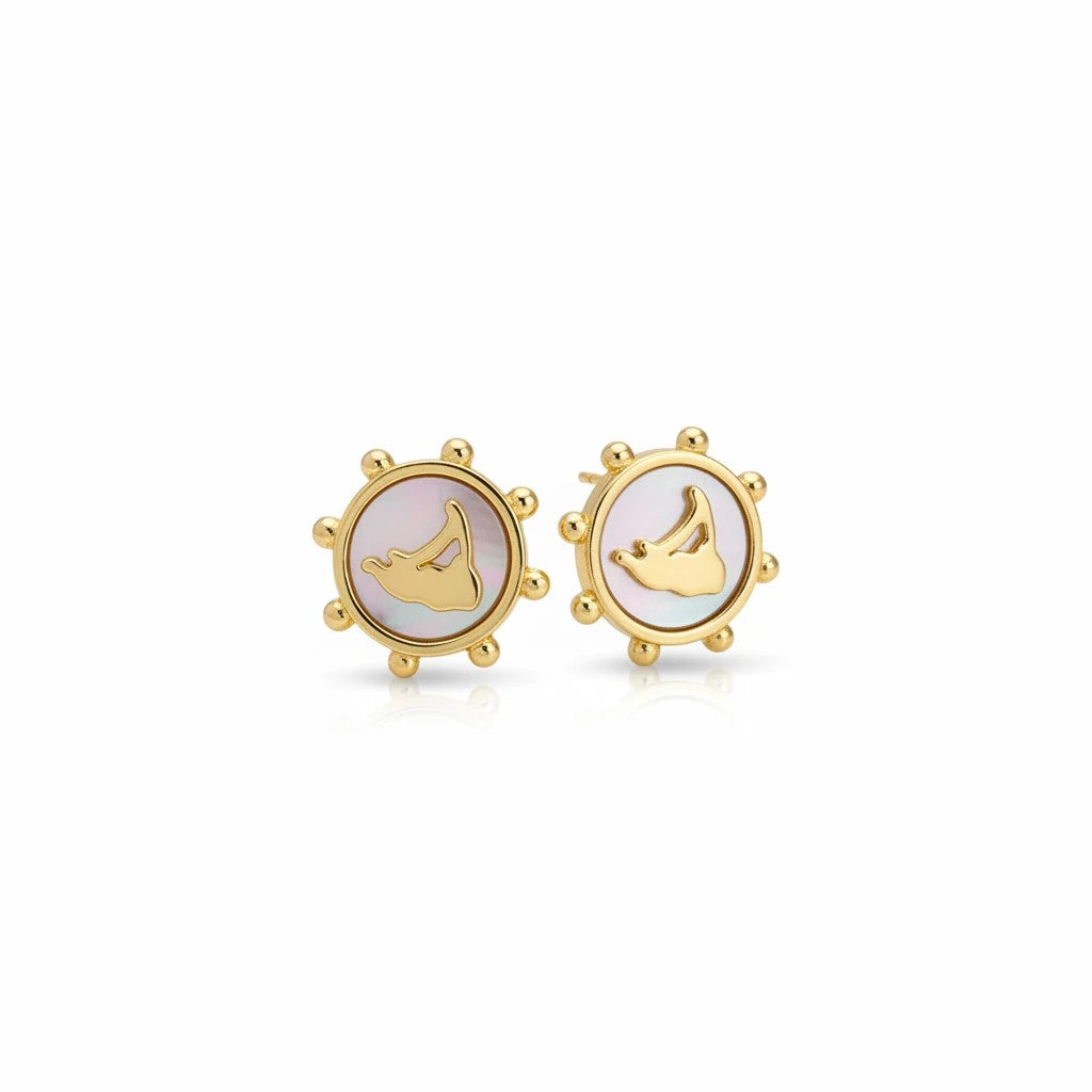 Gresham Nantucket stud earrings featuring gold-plated island shapes on mother-of-pearl with beaded edges.