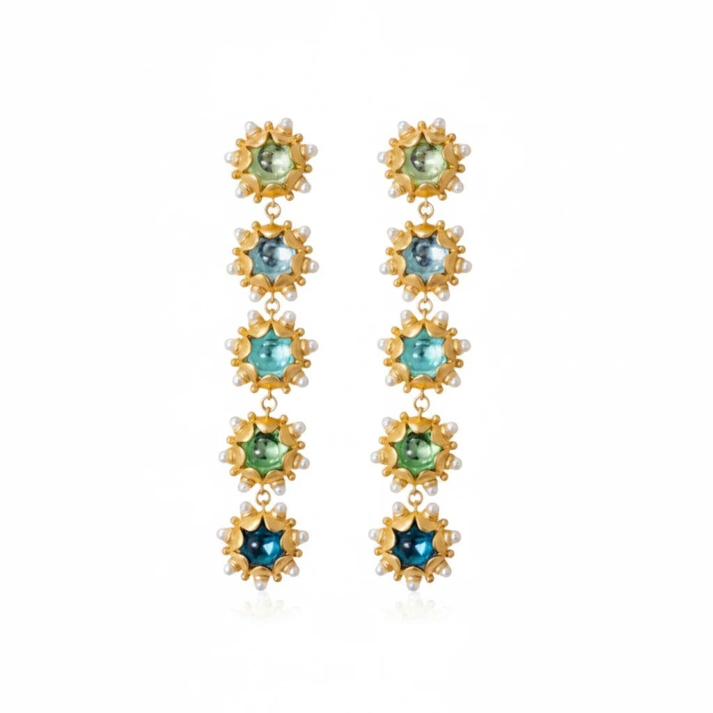 Gresham Ombré Perla drop earrings in 18k gold plate with graduated aqua and blue stones and pearl accents.
