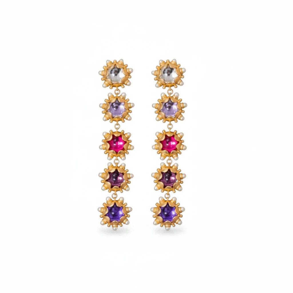 Gresham Ombré Perla drop earrings in 18k plated gold with graduated rose and purple stone settings.