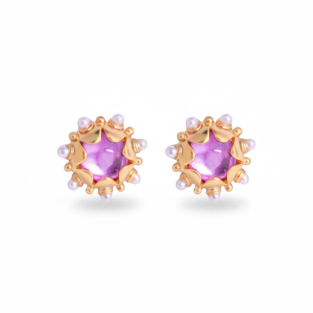 Gresham Perla Studs in blush pink glass cabochon with 18k gold plated scalloped bezel and pearl accents.