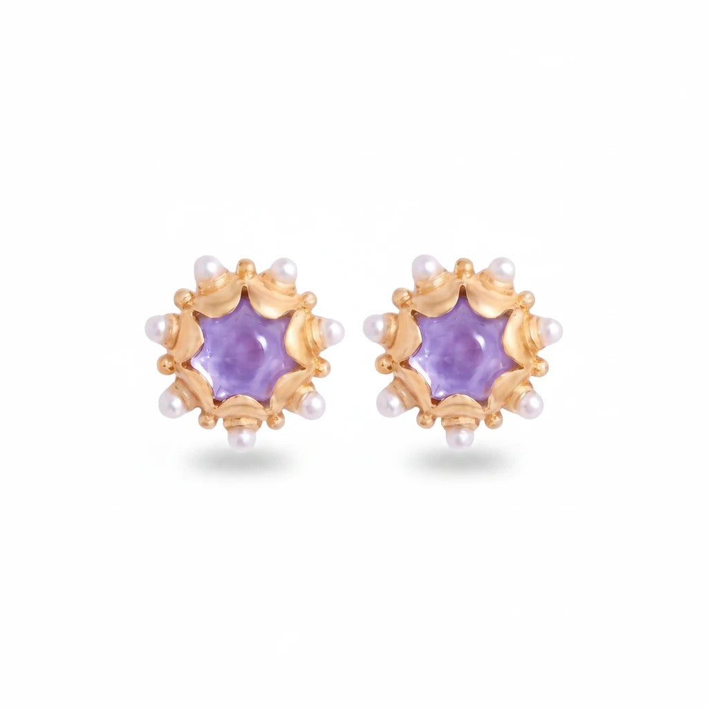 Gresham Perla Studs featuring lilac glass cabochons, 18k gold plating, and pearl accents in a Renaissance style.