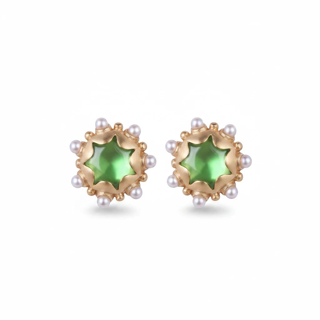 Gresham Perla Studs in Palm green glass cabochon with 18k gold plating, pearls, and a scalloped bezel design.