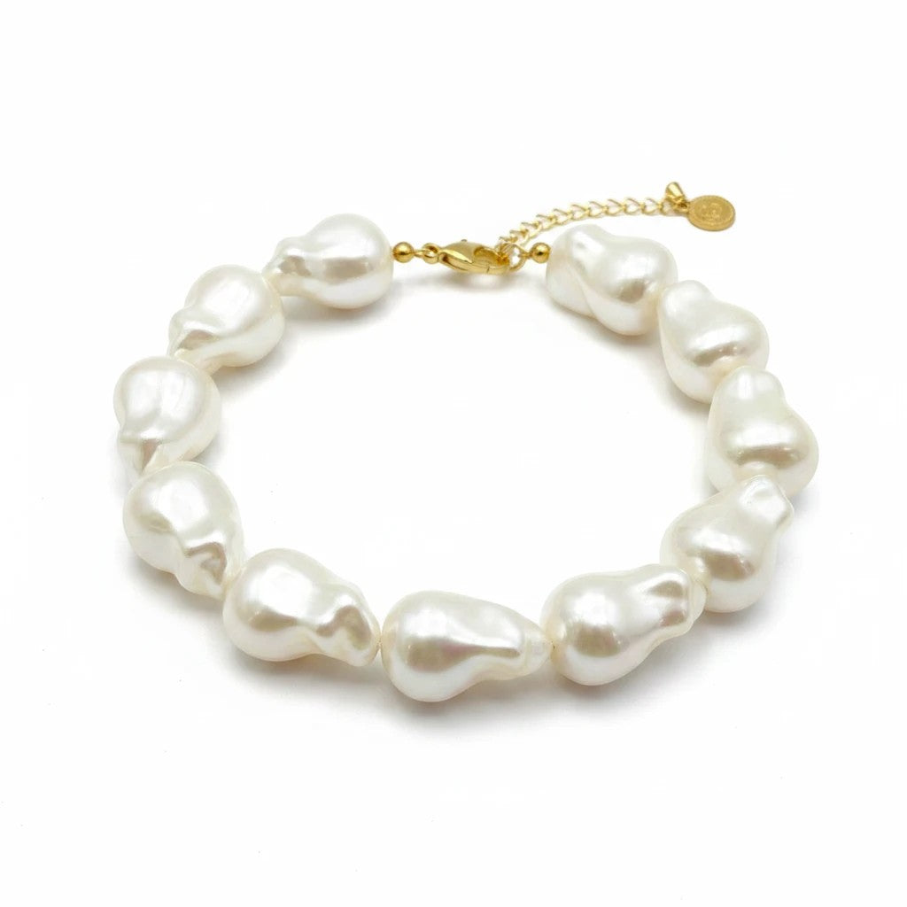 Gresham Rocco bracelet or anklet featuring large white baroque glass pearls and gold-plated findings.