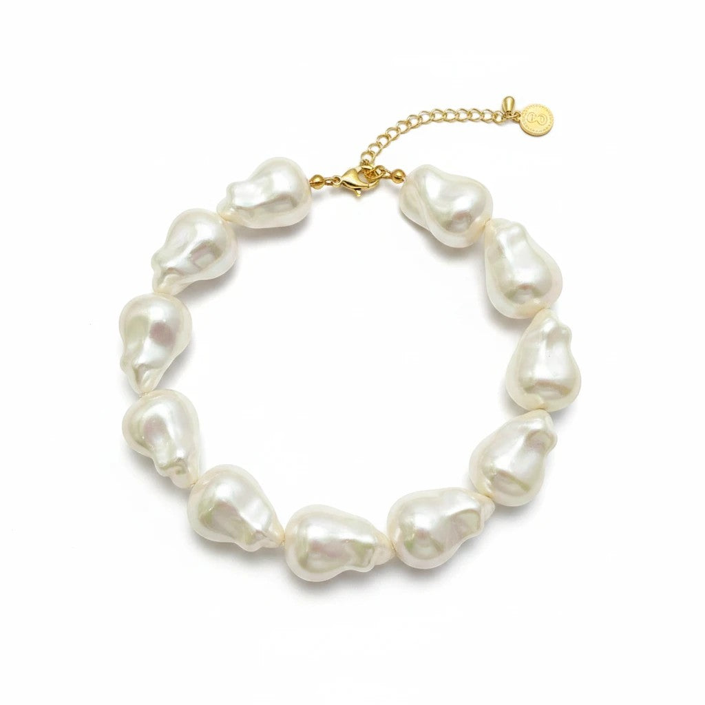 Gresham Rocco bracelet or anklet featuring large white baroque glass pearls with gold-plated findings and extender.