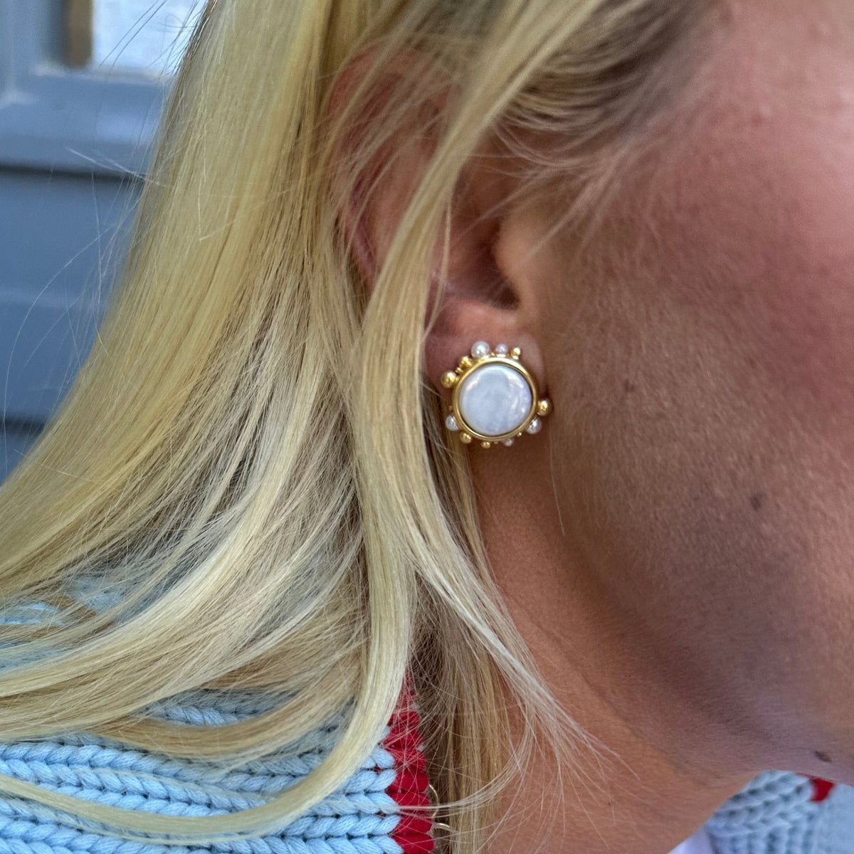 Woman wearing Porto Studs - Pearl by Gresham Jewelry