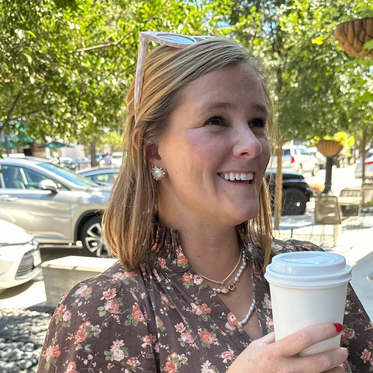 Woman wearing Porto Studs - Pearl by Gresham Jewelry